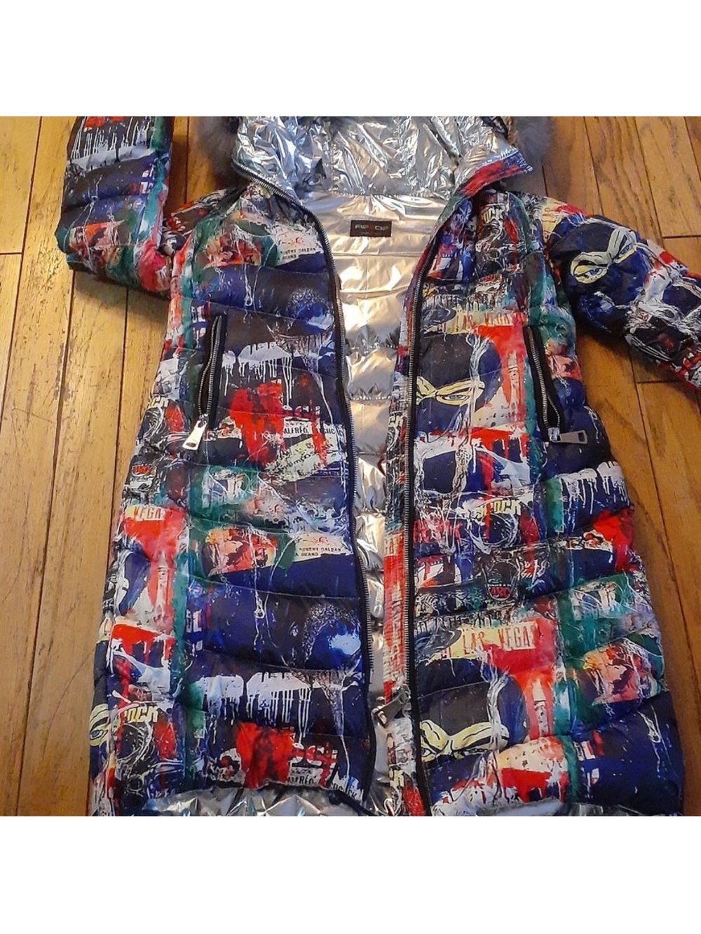 Women's Multicolor Graphic Quilted Puffer Coat with Hood